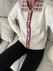 SHEIN LUNE 復古優雅幾何圖案女款秋季開襟衫，女款返校通勤穿搭 - 杏色 - 查看 8