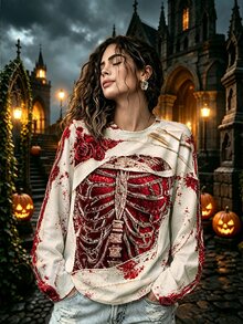 Breezaya T-shirt grande taille pour femmes, col ras-du-cou, manches longues, imprimé floral et crâne, top décontracté, convient pour le port quotidien et Halloween - Multicolore - Voir 1