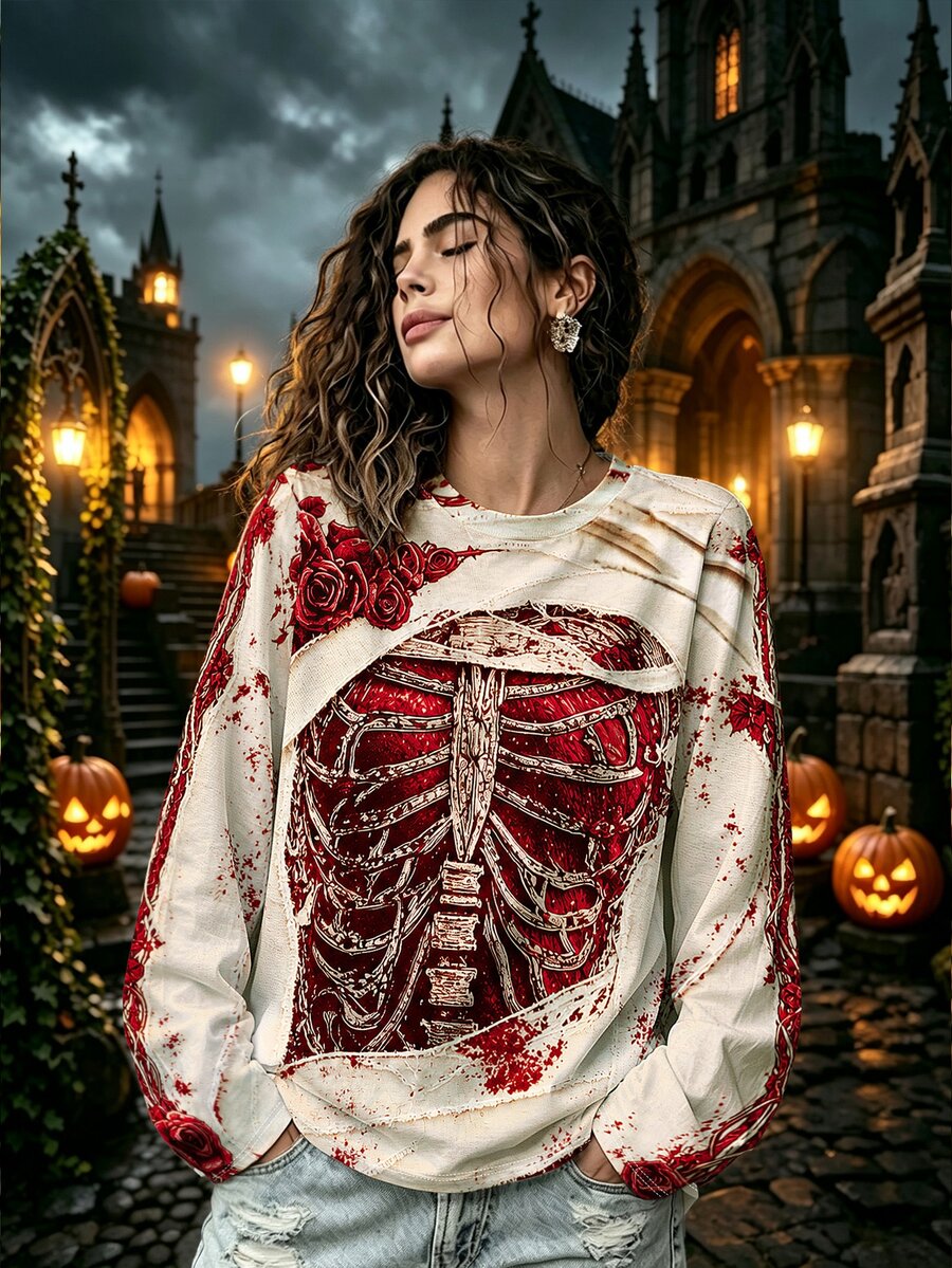 Breezaya T-shirt grande taille pour femmes, col ras-du-cou, manches longues, imprimé floral et crâne, top décontracté, convient pour le port quotidien et Halloween - Multicolore - Voir 1