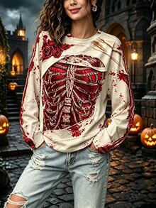 Breezaya T-shirt grande taille pour femmes, col ras-du-cou, manches longues, imprimé floral et crâne, top décontracté, convient pour le port quotidien et Halloween - Multicolore - Voir 3