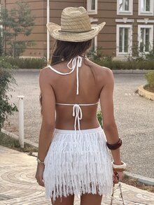 Sindi Myftari Women's V-Neck Halter Backless Fitted Sweater Dress, Bohemian, Boho, Vacation, Autumn/Winter No Chest Padding - White - View 2