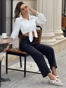 Sindi Myftari Dual Pocket Knot Hem Crop Shirt, Graduation - White - View 4