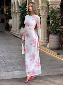 Sindi Myftari 浪漫约会之夜花卉印花褶皱女式长袖连衣裙 - 彩色 - 查看 4