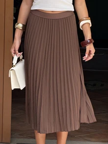 Sindi Myftari 纯色优雅百褶女裙，春夏秋冬皆宜 - 棕色 - 查看 4