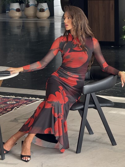 Sindi Myftari Autumn Red Tie-Dye Floral Mesh Print Long-Sleeved Fitted Dress,Black And Red,Elegant,Party,Vacation,Date Night,Holiday,Music Festival, Wear