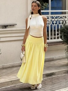 Sindi Myftari Women's Plain Zip Up Gathered Casual Yellow Skirt, Summer Winter Spring - Yellow - View 1