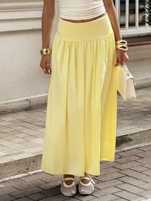 Sindi Myftari Women's Plain Zip Up Gathered Casual Yellow Skirt, Summer Winter Spring - Yellow - View 3
