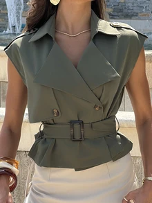 Sindi Myftari 卡其色领带长款风衣，复古夹克，冬季外套，度假装 - 軍綠色 - 查看 5