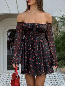 Sindi Myftari 女式樱桃印花前系带长袖露肩迷你连衣裙 - 黑色 - 查看 3