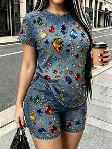 Rovax Women's Denim Effect Rhinestone Print T-Shirt And Shorts 2-Piece Set - Multicolor - View 4