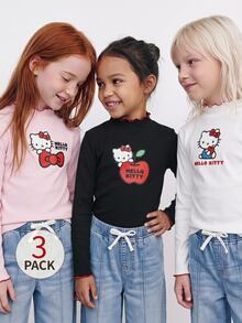 HELLO KITTY AND FRIENDS | SHEIN 3件組 青少年女孩休閒優雅可愛精緻舒適針織卡通圖案白色粉色黑色立領波浪邊飾套頭T恤 多件套裝 適合返校 適合外出 適合休閒活動 適合秋冬 - 彩色 - 查看 2
