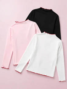 HELLO KITTY AND FRIENDS | SHEIN 3件組 青少年女孩休閒優雅可愛精緻舒適針織卡通圖案白色粉色黑色立領波浪邊飾套頭T恤 多件套裝 適合返校 適合外出 適合休閒活動 適合秋冬 - 彩色 - 查看 3