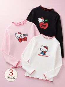 HELLO KITTY AND FRIENDS | SHEIN 3件組 青少年女孩休閒優雅可愛精緻舒適針織卡通圖案白色粉色黑色立領波浪邊飾套頭T恤 多件套裝 適合返校 適合外出 適合休閒活動 適合秋冬 - 彩色 - 查看 8