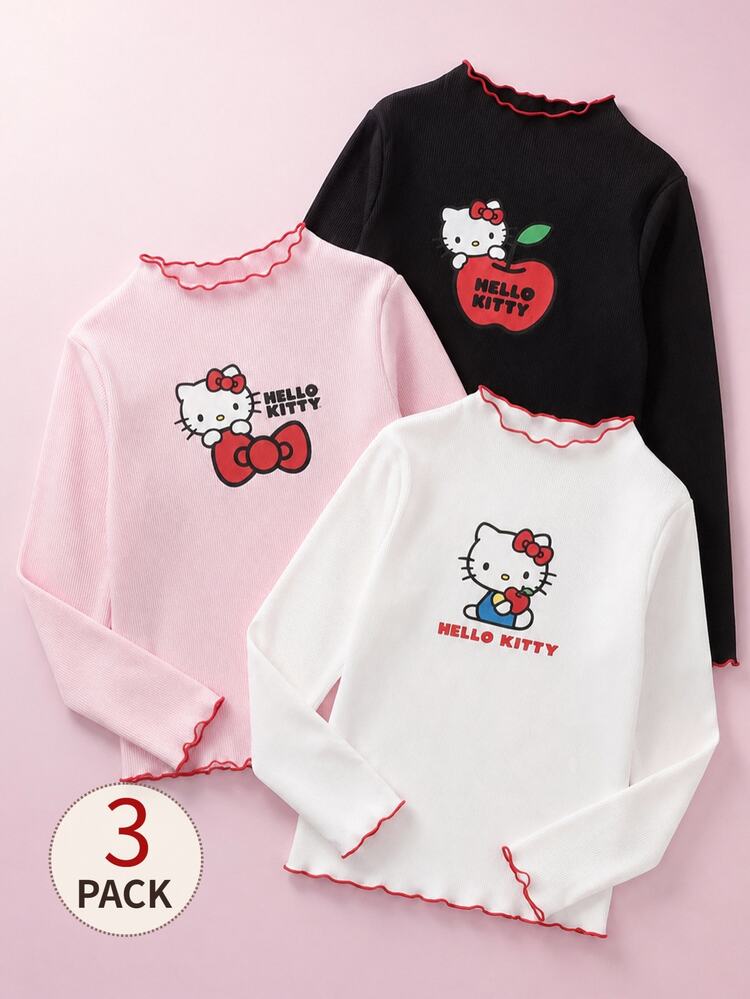HELLO KITTY AND FRIENDS | SHEIN 3 قطع تي شيرت بولوفر بنمط كرتوني محبوك، أبيض وردي أسود، بياقة واقفة وحافة متموجة مزخرفة، كاجوال أنيق لطيف فاخر مريح، مناسب للعودة إلى المدرسة والخروجات والأنشطة اليومية، مناسب لفصل الخريف/الشتاء، للفتيات المراهقات - متعدد الألوان - مشاهدة 8