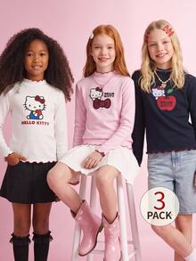 HELLO KITTY AND FRIENDS | SHEIN 3件組 青少年女孩休閒優雅可愛精緻舒適針織卡通圖案白色粉色黑色立領波浪邊飾套頭T恤 多件套裝 適合返校 適合外出 適合休閒活動 適合秋冬 - 彩色 - 查看 9