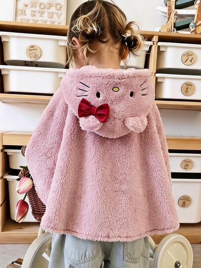 Maija Kids HELLO KITTY AND FRIENDS | SHEIN Maija Kids 1pc Baby Girl Elegant Casual Preppy Exquisite Comfortable Versatile Knit Cute Embroidered Cartoon Pattern Pink Hooded Cape Coat Suitable For Daily Wear, Outings, Gatherings, Holiday Parties, Autumn/Winter, Celebrations, Birthdays