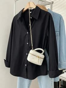SHEIN 青少年女孩秋季上衣休閒時尚梭織布料經典長袖襯衫寬鬆舒適適合春夏秋... - 黑色 - 查看 1