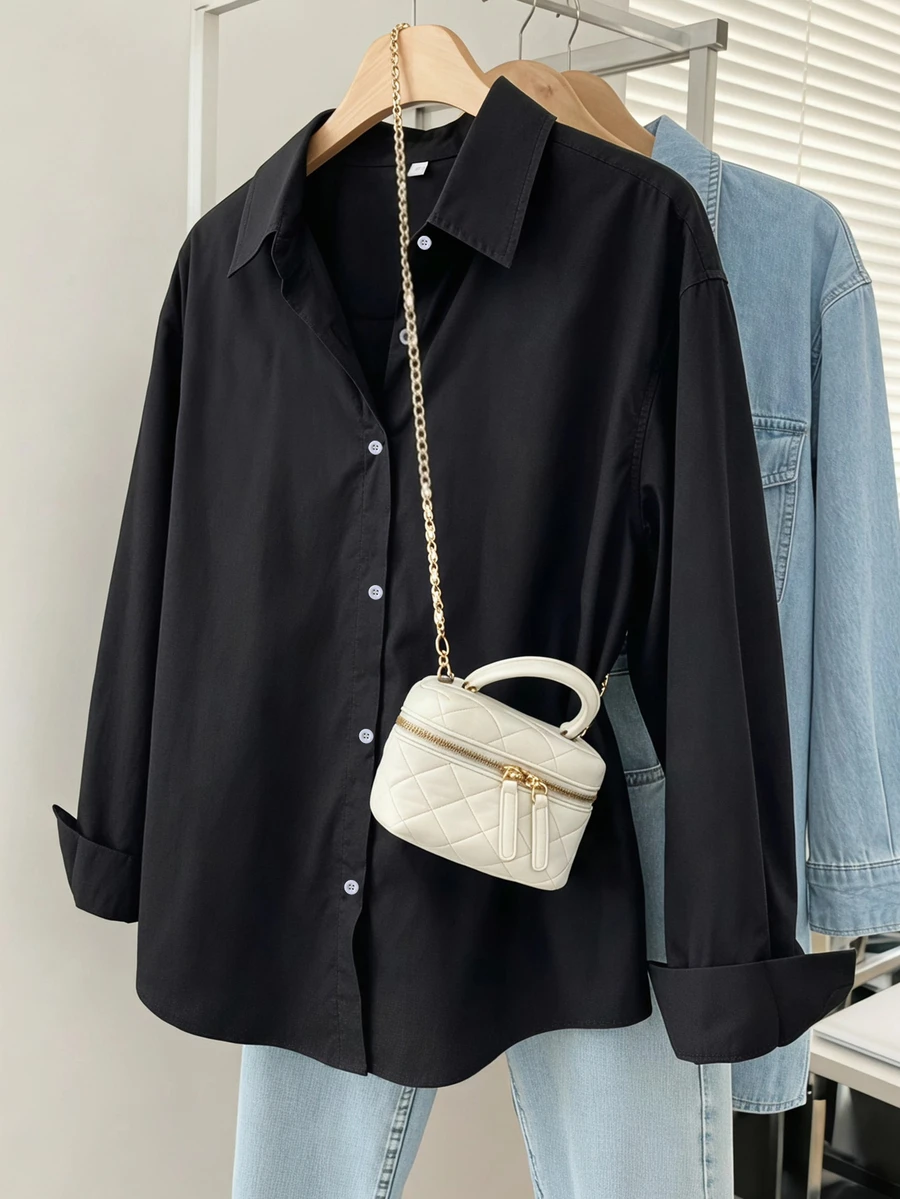 SHEIN 青少年女孩秋季上衣休閒時尚梭織布料經典長袖襯衫寬鬆舒適適合春夏秋... - 黑色 - 查看 1