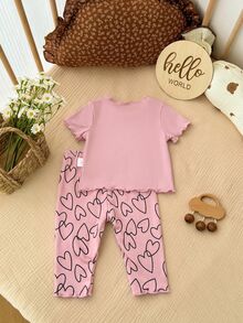 SHEIN Two Pieces Set Of Newborn Baby Girl Print T-Shirts And Shorts, Perfect For Summer. - Dusty Pink - View 4