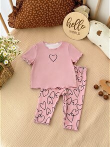 SHEIN Two Pieces Set Of Newborn Baby Girl Print T-Shirts And Shorts, Perfect For Summer. - Dusty Pink - View 2