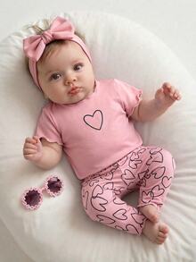 SHEIN Two Pieces Set Of Newborn Baby Girl Print T-Shirts And Shorts, Perfect For Summer. - Dusty Pink - View 8
