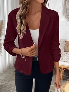 EMERY ROSE Women's Simple Solid Color Ruffled Cuff Casual Blazer Jacket - Burgundy - View 6