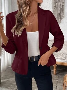 EMERY ROSE Women's Simple Solid Color Ruffled Cuff Casual Blazer Jacket - Burgundy - View 5