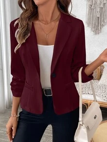EMERY ROSE Women's Simple Solid Color Ruffled Cuff Casual Blazer Jacket - Burgundy - View 4