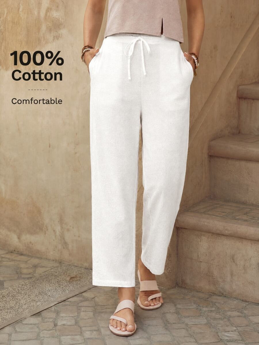 EMERY ROSE Women's Casual Versatile Solid Color Straight-Leg Pants 100 Cotton Summer - White - View 1
