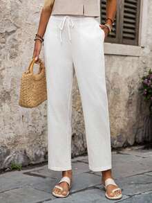 EMERY ROSE Women's Casual Versatile Solid Color Straight-Leg Pants 100 Cotton Summer - White - View 5