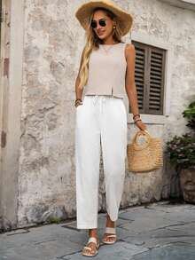 EMERY ROSE Women's Casual Versatile Solid Color Straight-Leg Pants 100 Cotton Summer - White - View 8