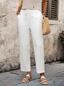 EMERY ROSE Women's Casual Versatile Solid Color Straight-Leg Pants 100 Cotton Summer - White - View 6