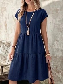 EMERY ROSE Spring/Summer Casual Linen-Like Navy Blue Short Sleeve Round Neck Mid-Length Dress For Women Vacation - Navy Blue - View 4