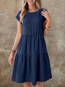 EMERY ROSE Spring/Summer Casual Linen-Like Navy Blue Short Sleeve Round Neck Mid-Length Dress For Women Vacation - Navy Blue - View 6