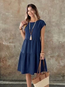 EMERY ROSE Spring/Summer Casual Linen-Like Navy Blue Short Sleeve Round Neck Mid-Length Dress For Women Vacation - Navy Blue - View 5