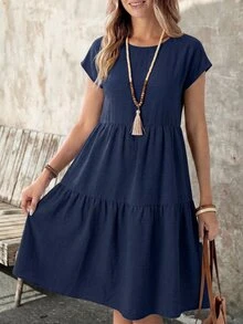 EMERY ROSE Spring/Summer Casual Linen-Like Navy Blue Short Sleeve Round Neck Mid-Length Dress For Women Vacation - Navy Blue - View 8