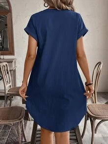 EMERY ROSE 1pc Women Solid Color V Neck Short Sleeve Simple Casual Dress,Summer Dresses For Women - Teal Blue - View 2