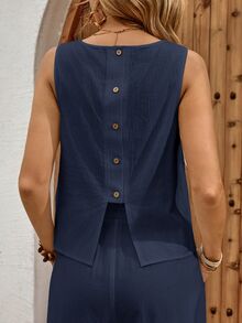 EMERY ROSE Women's Sleeveless Top With Back Button Design And Pants Casual 2 Pieces Set Vacation Navy Blue Summer Brunch Vacation Vacation - Navy Blue - View 5