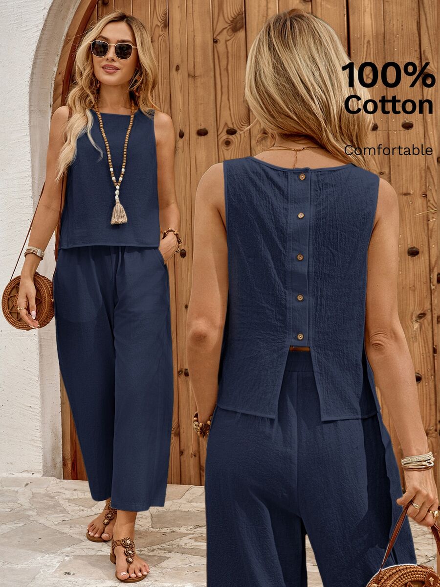 EMERY ROSE Women's Sleeveless Top With Back Button Design And Pants Casual 2 Pieces Set Vacation Navy Blue Summer Brunch Vacation Vacation - Navy Blue - View 1
