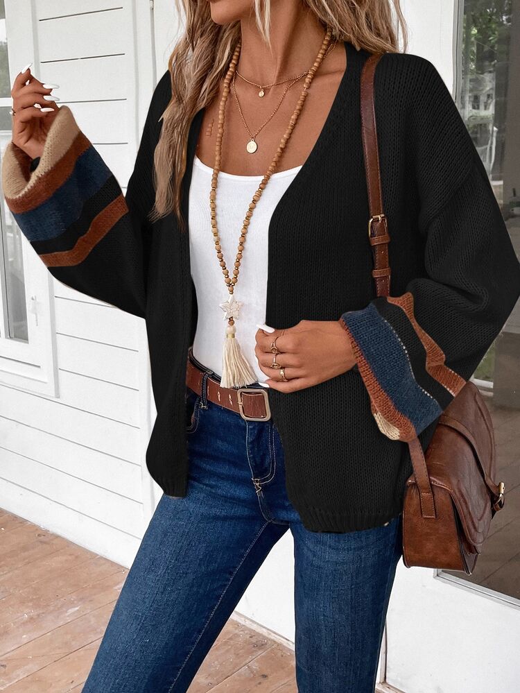 EMERY ROSE Women's Solid Color Spliced Long Sleeve Cardigan, Casual Minimalist Modest Everyday Wear,Knitted Sweater In Autumn/ Brunch Black Brunch - Multicolor - View 6
