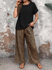 EMERY ROSE Women's Black Casual Leopard Print V-Neck Short Sleeve T-Shirt And Wide Leg Pants,Summer Vacation Holiday Two Pieces Set,Animal Cheetah Print Outfit - Multicolor - View 5