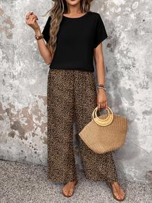 EMERY ROSE Women's Black Casual Leopard Print V-Neck Short Sleeve T-Shirt And Wide Leg Pants,Summer Vacation Holiday Two Pieces Set,Animal Cheetah Print Outfit - Multicolor - View 6