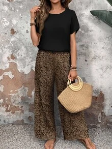 EMERY ROSE Women's Black Casual Leopard Print V-Neck Short Sleeve T-Shirt And Wide Leg Pants,Summer Vacation Holiday Two Pieces Set,Animal Cheetah Print Outfit - Multicolor - View 3
