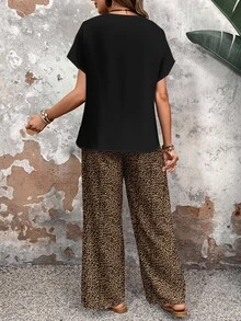 EMERY ROSE Women's Black Casual Leopard Print V-Neck Short Sleeve T-Shirt And Wide Leg Pants,Summer Vacation Holiday Two Pieces Set,Animal Cheetah Print Outfit - Multicolor - View 2