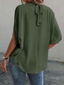 EMERY ROSE Women's Summer Solid Stand Collar Casual Pleated Batwing Sleeve Blouse - Army Green - View 2