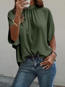 EMERY ROSE Women's Summer Solid Stand Collar Casual Pleated Batwing Sleeve Blouse - Army Green - View 5