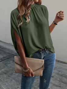 EMERY ROSE Women's Summer Solid Stand Collar Casual Pleated Batwing Sleeve Blouse - Army Green - View 4