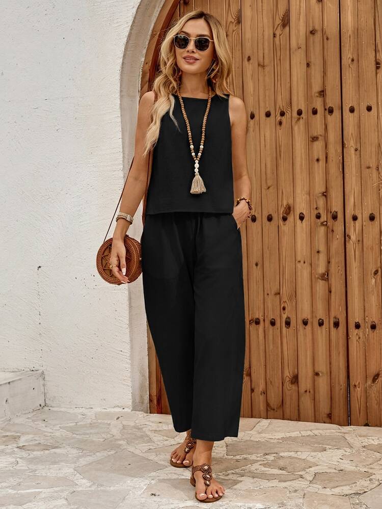 EMERY ROSE Women's Solid Color Round Neck Sleeveless Front Button-Down Summer Minimalist Modest Boho Casual Design 2 Pieces Set Vacation Black Vacation - Black - View 7