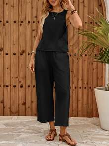 EMERY ROSE Women's Solid Color Round Neck Sleeveless Front Button-Down Summer Minimalist Modest Boho Casual Design 2 Pieces Set Vacation Black Vacation - Black - View 8