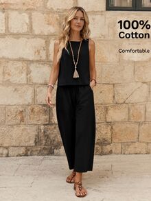 EMERY ROSE Women's Solid Color Round Neck Sleeveless Front Button-Down Summer Minimalist Modest Boho Casual Design 2 Pieces Set Vacation Black Vacation - Black - View 1